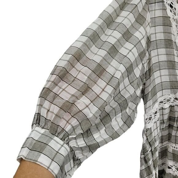 Free People Top Tunic Tiered Ruffle Lace Puff Sleeve Oversized Plaid Gray Sz XS - Picture 9 of 15